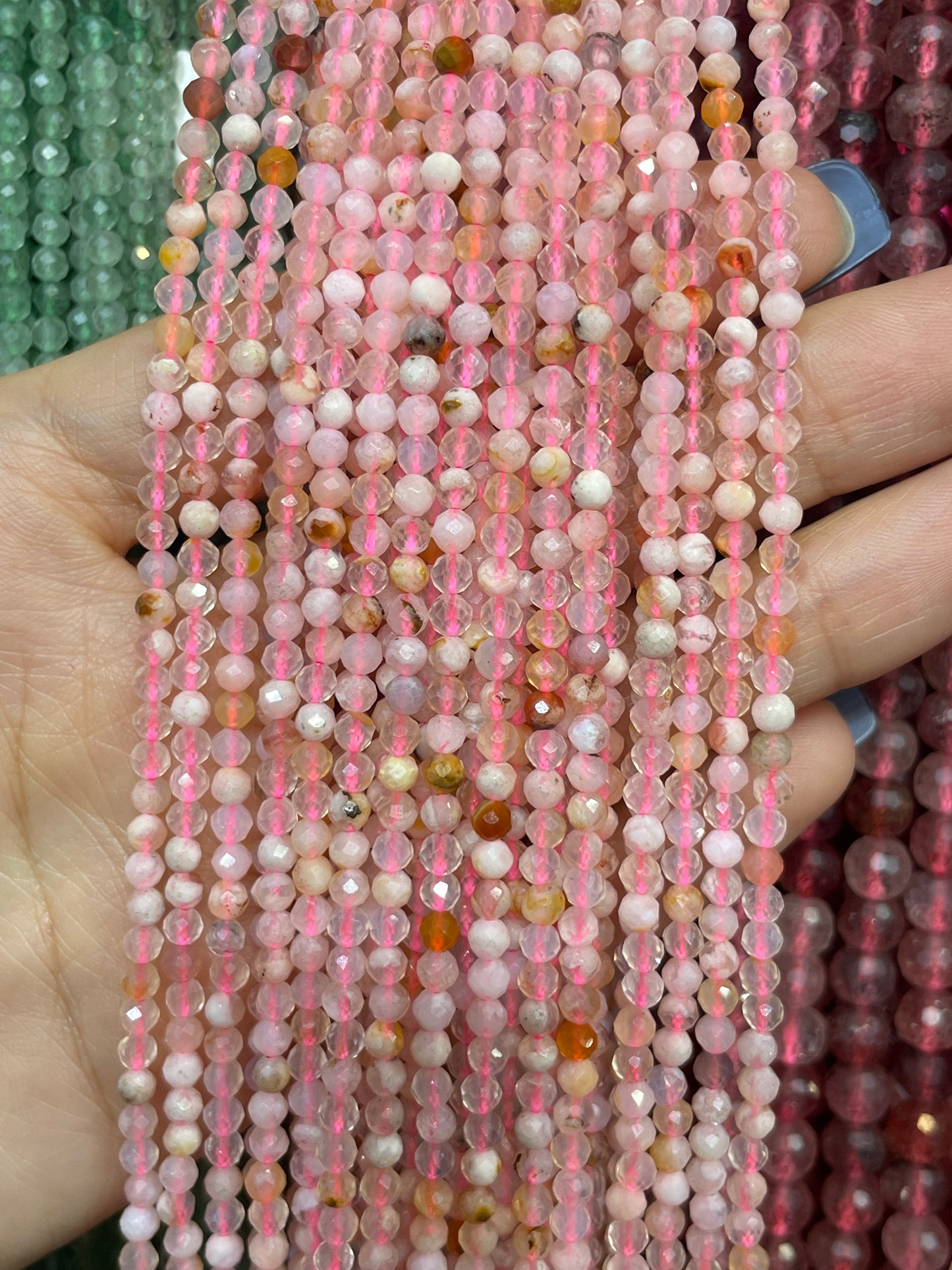 faceted pink flower agate strand 2mm