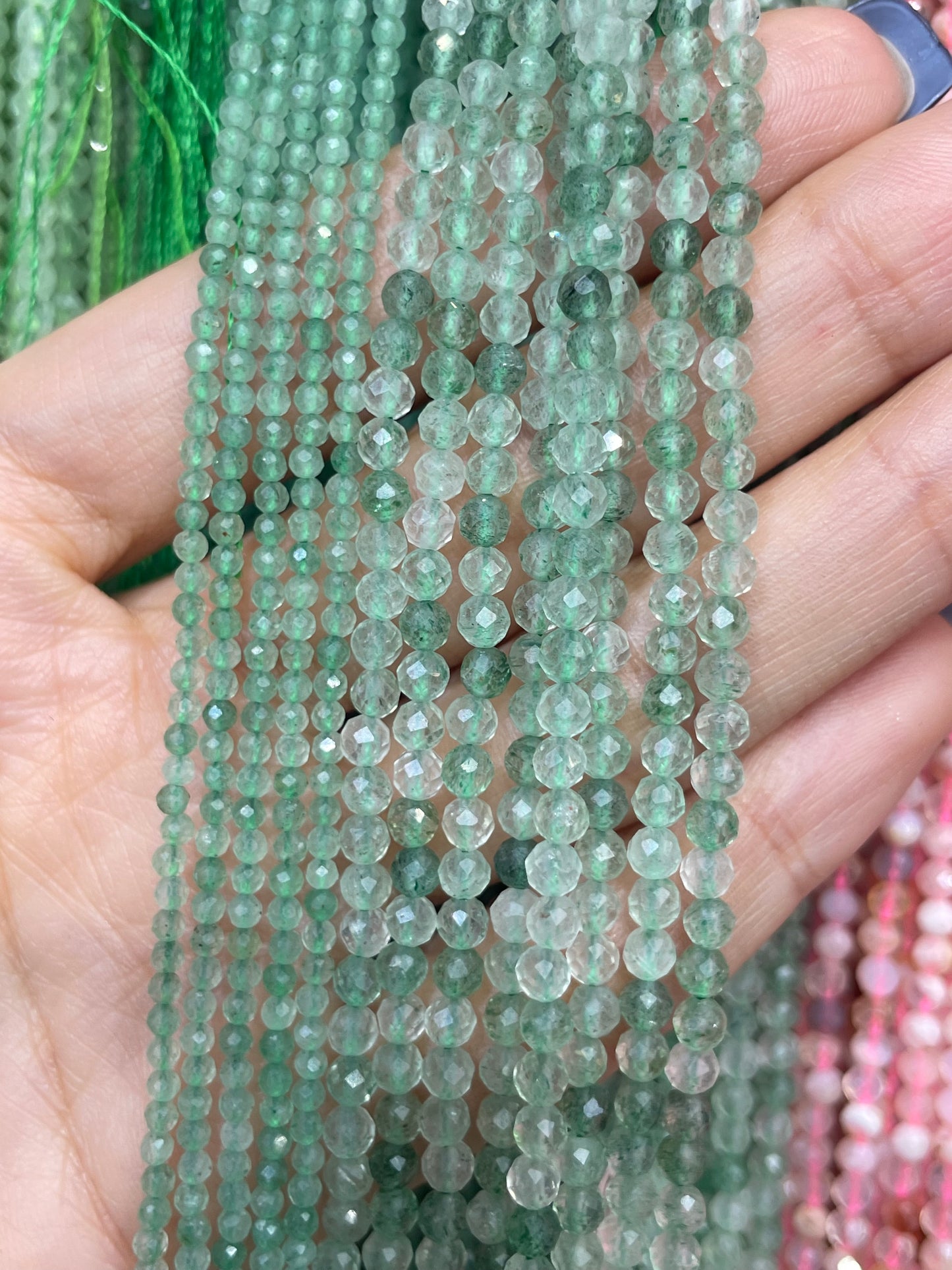 faceted green strawberry strand 2mm