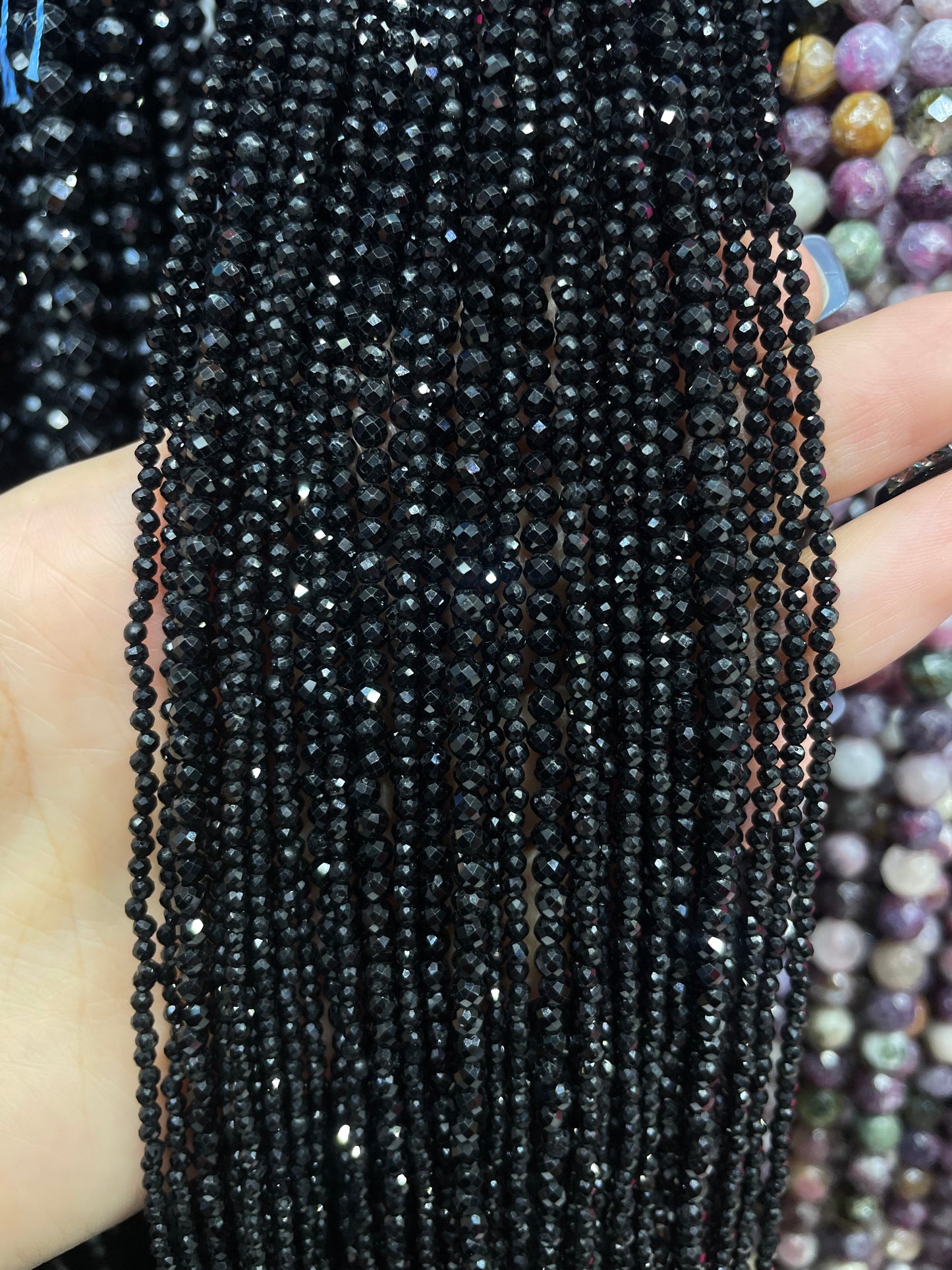 natural faceted black tourmaline strand
