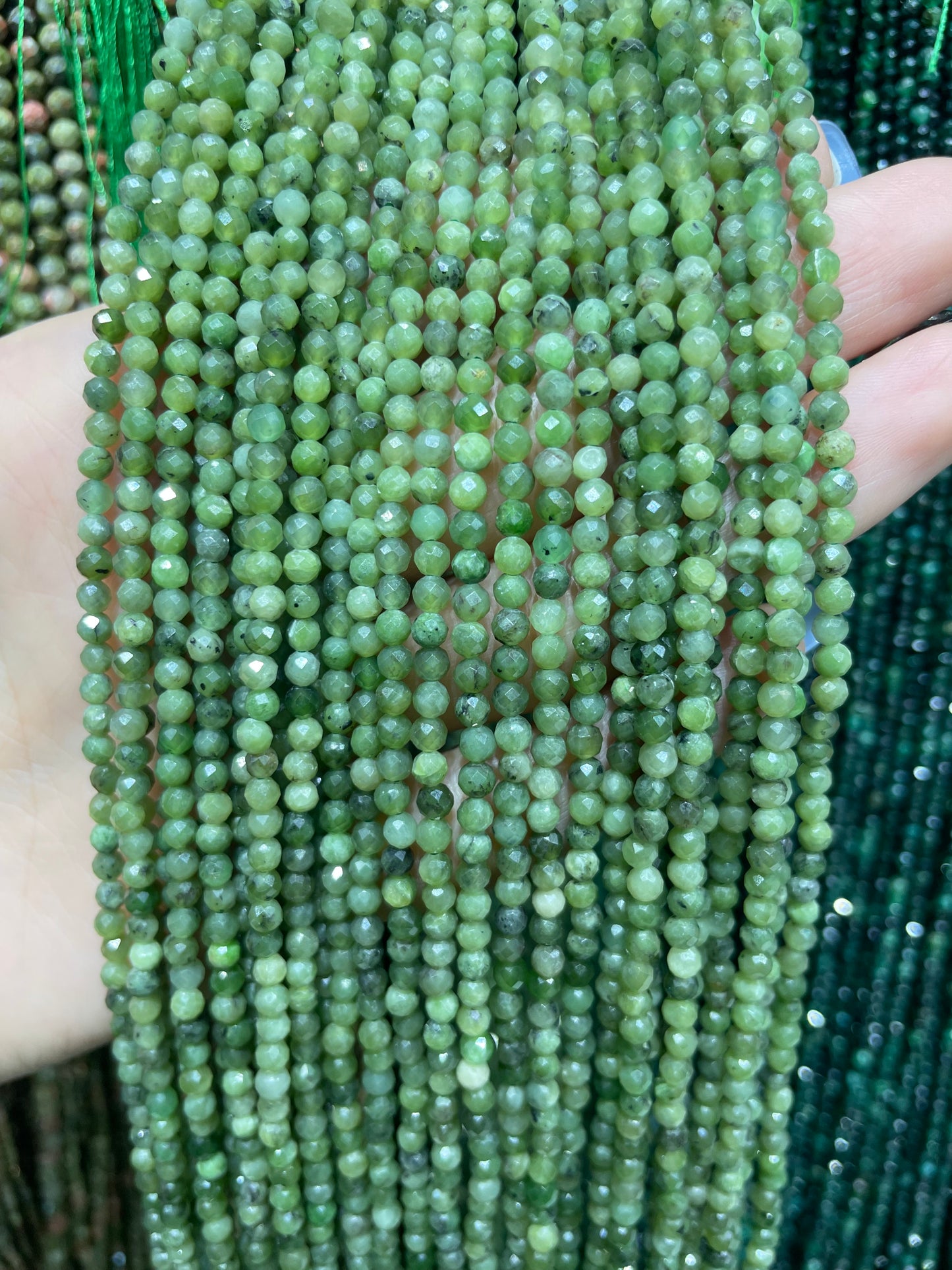 faceted Russian green hetian jade strand 3mm