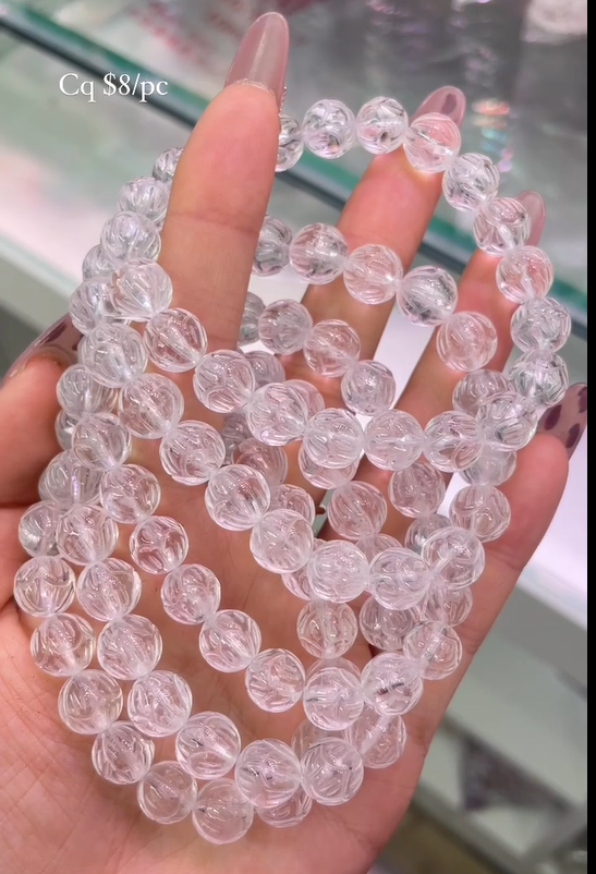 Lotus carved clear quartz bracelet