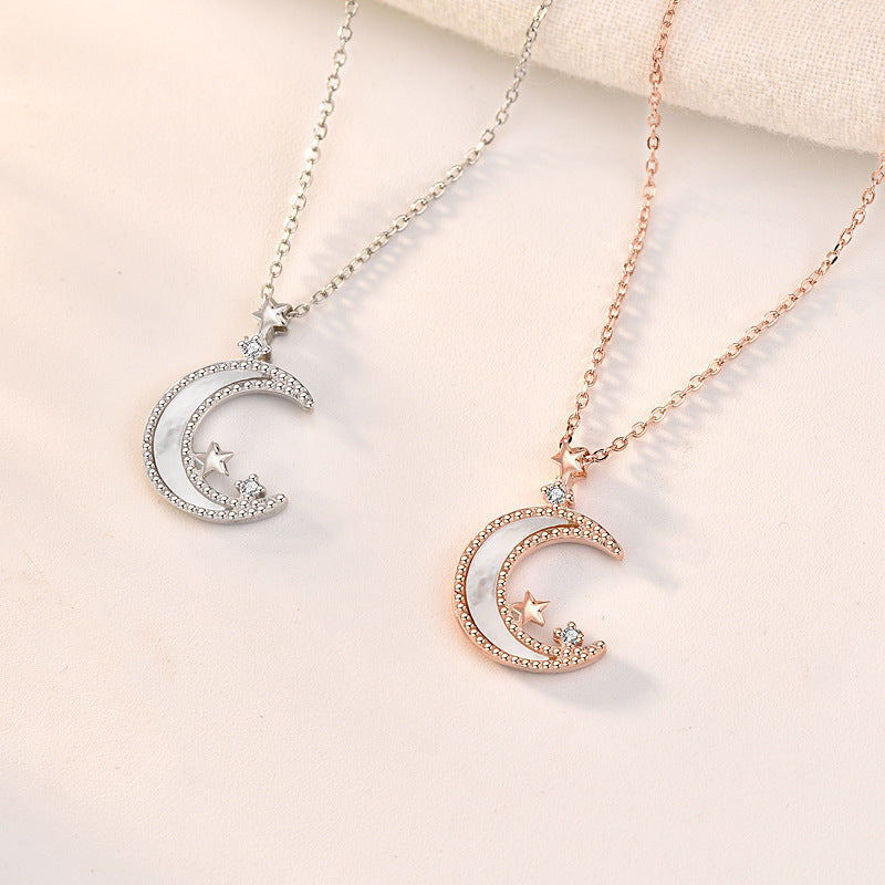 White shell S925 Sterling Silver Star and Moon Necklace