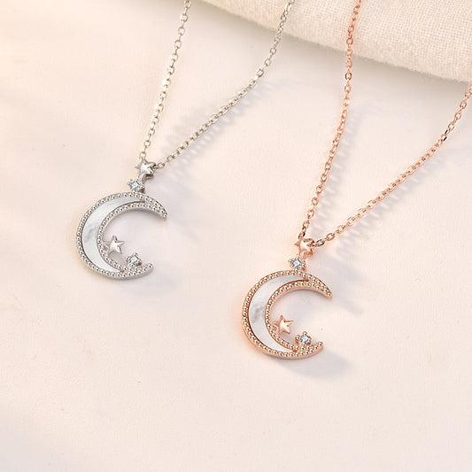 White shell S925 Sterling Silver Star and Moon Necklace