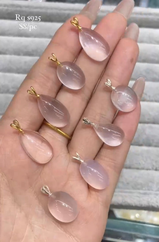 S925 teardrop rose quartz pendant