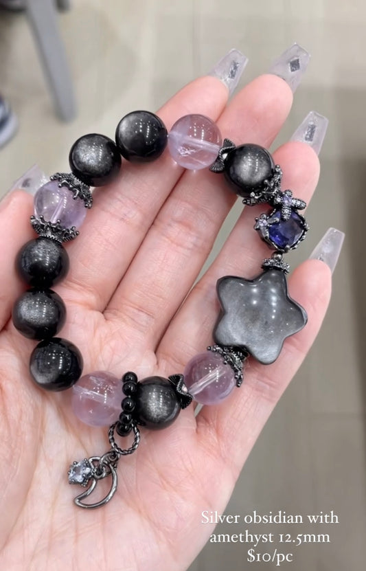 silver obsidian with amethyst 12.5mm bracelet