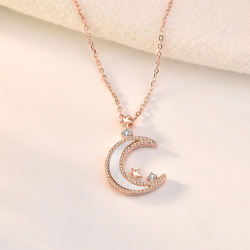 White shell S925 Sterling Silver Star and Moon Necklace