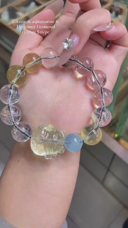 citrine & aquamarine & herkimer diamond 13.5mm