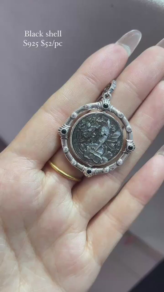 sailor moon & fairy carving double side black shell s925 pendant