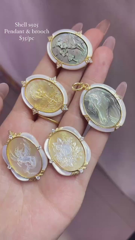 s925 carving shell pendant & brooch